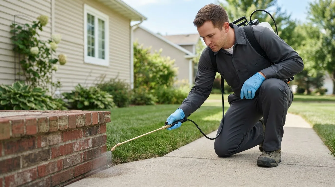 Pest control technician treating a home near Thornton, PA